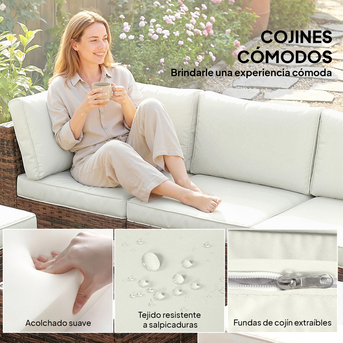 Outsunny Conjunto Muebles Jardín Exterior De Ratán 6 Piezas Cojines Marrón_5