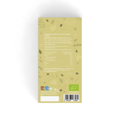 Tableta chocolate 38% con leche de coco vegano sin azúcares añadidos ECO Planeta Huerto 70 g