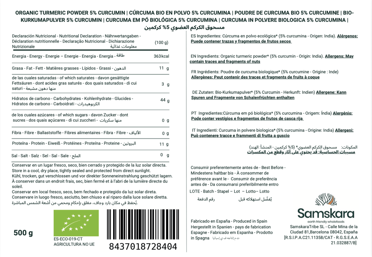 Cúrcuma En Polvo Bio - 500g | Superalimento Ecológico Vegano Para Batidos, Smoothies Y Zumos, Sin Azúcares Añadidos_1