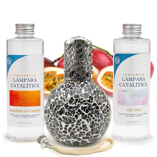 Pack Ahorro Lámpara Catalítica Mosaico Negro + Fragancia Caribbean Passion 500ml + Limpiador 200ml + Mecha Repuesto_0