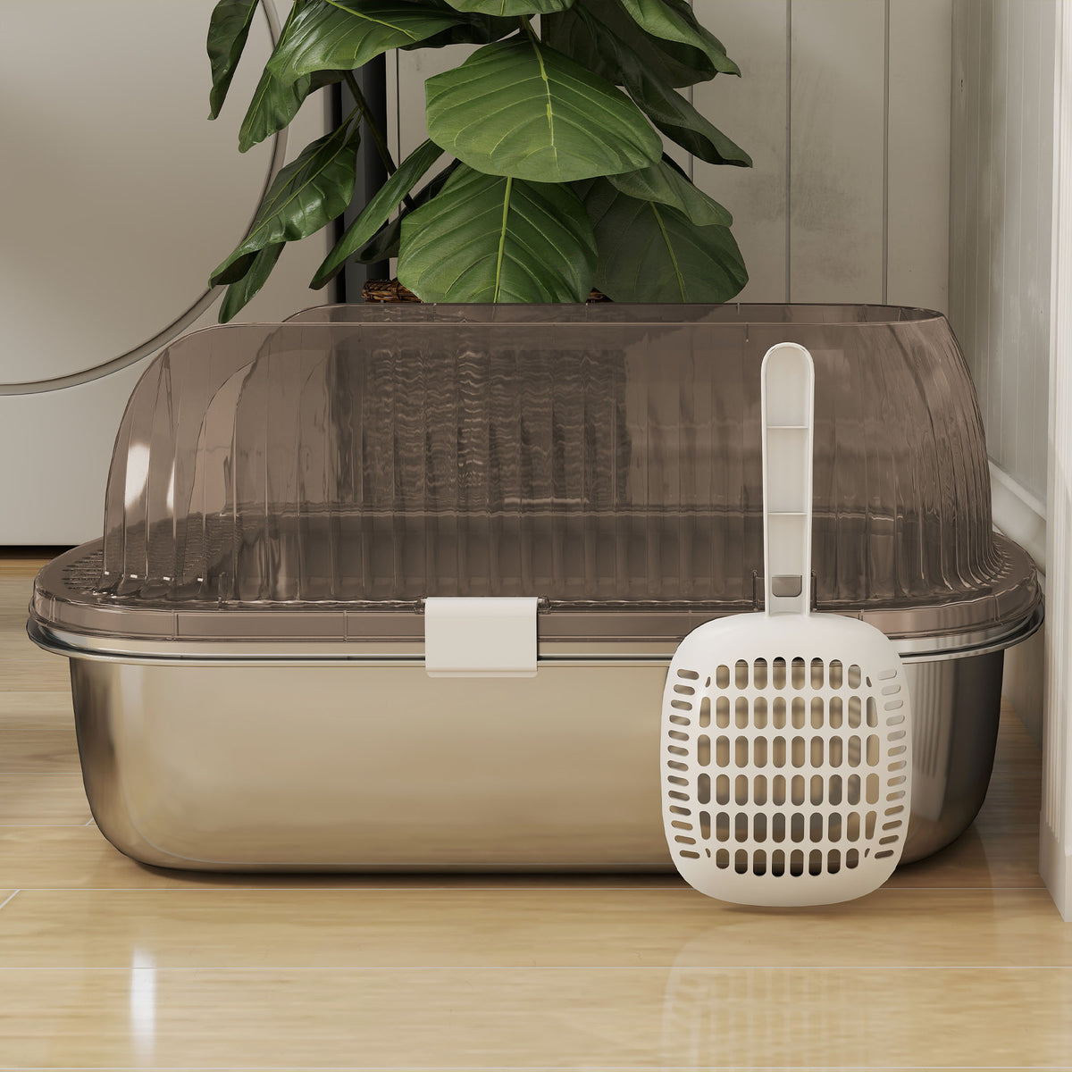 Pawhut Arenero Para Gatos Cubierto Con Bandeja De Acero Pala Y Peldaño Gris_4
