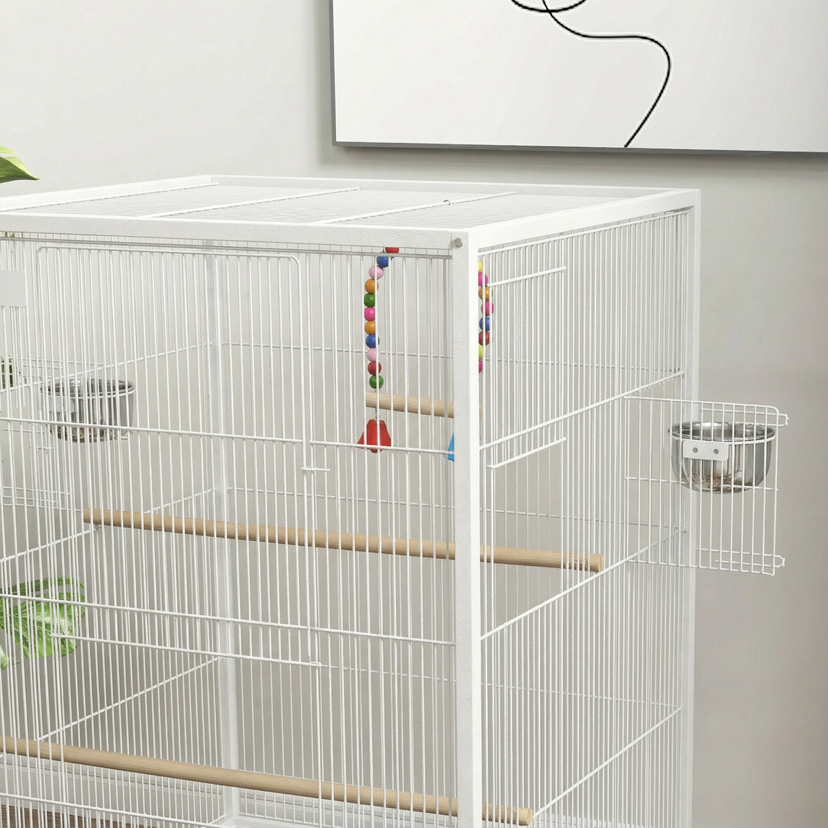 Pawhut Jaula Para Pájaros Con Ruedas Comederos Perchas 48x46x78 Cm Blanco_4