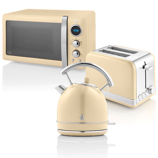 Swan Retro Set Desayuno Hervidor Agua 1,8l, Tostadora 2 Rebanadas, Microondas Digital 20l, Vintage, Strp2070cneu, Crema_0