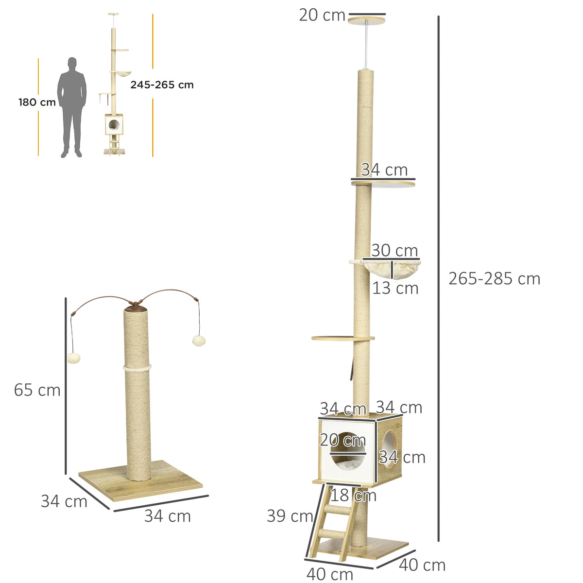 Pawhut Árbol Para Gatos Del Suelo Al Techo 220-260cm Con Altura Ajustable Caseta_2