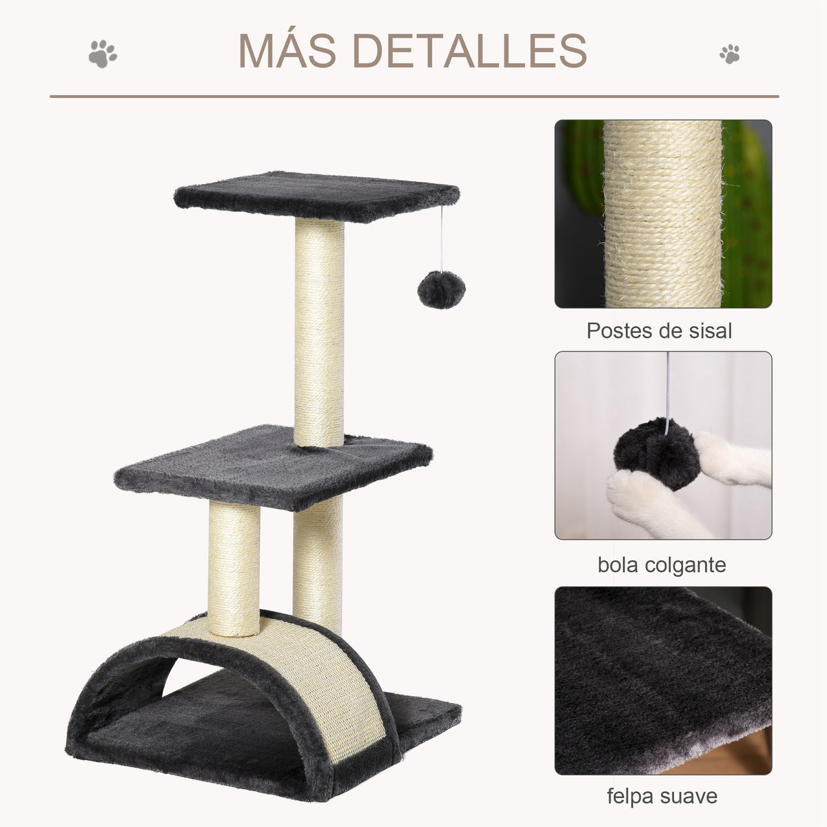 Pawhut Rascador Para Gatos Medianos Con Postes De Sisal Y Plataformas Gris_4