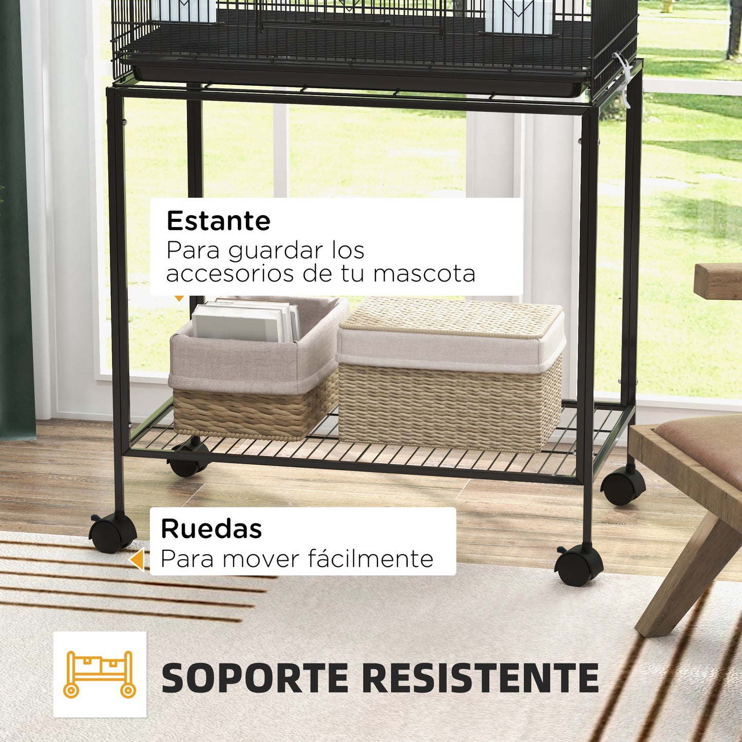 Pawhut Jaula Para Pájaros Con Ruedas 77x46x119 Cm Con Bandeja Extraíble Negro_3