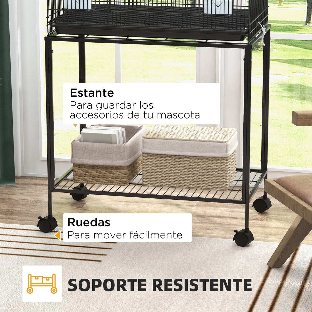 Pawhut Jaula Para Pájaros Con Ruedas 77x46x119 Cm Con Bandeja Extraíble Negro_3