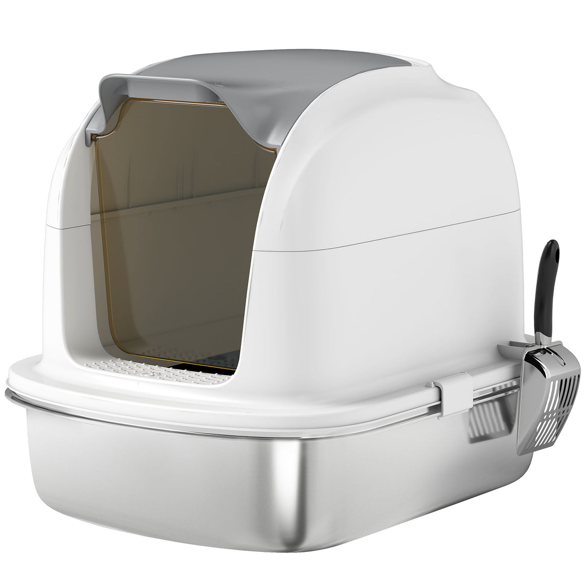 Pawhut Arenero Para Gatos De Acero Inoxidable Xl Con Tapa Abatible Pala Blanco_1