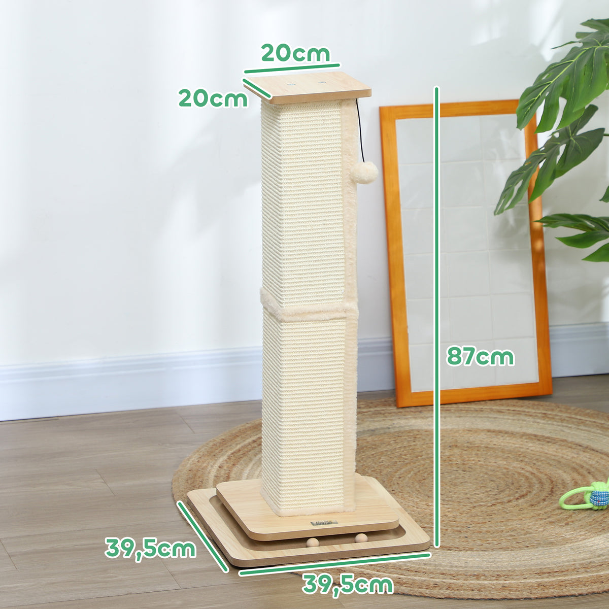 Pawhut Poste Rascador Para Gatos 87 Cm Con Bola Colgante 39,5x39,5x87 Cm Roble_2