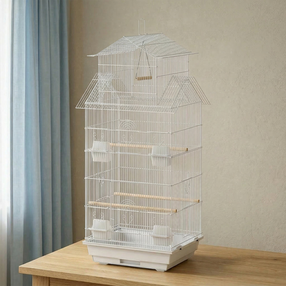 Pawhut Jaula Para Pájaros De Acero Con Comederos Perchas 50,5x41x104 Cm Blanco_1