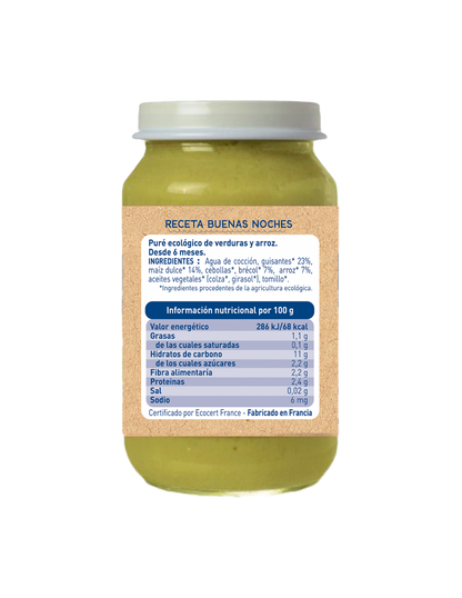 Tarrito Buenas Noches Guisantes, Maiz y Arroz Babybio 200 g