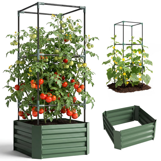Jardinera Con Celosía Outsunny Acero, Acero Galvanizado Verde 61x61x140 Cm_0