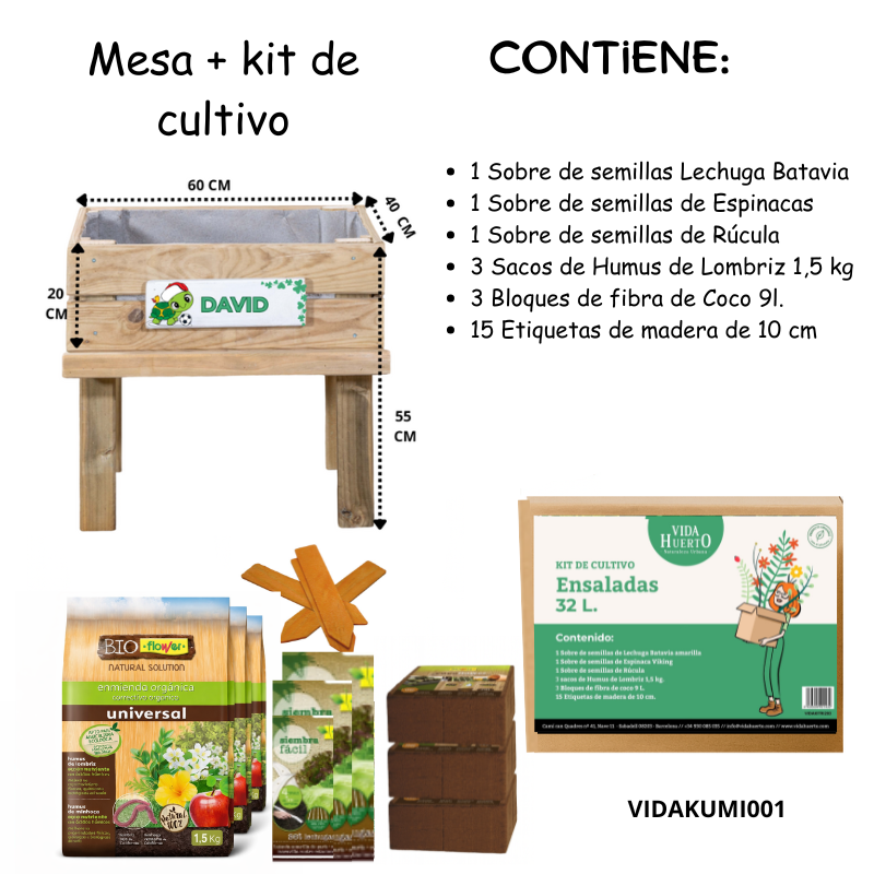 Mesa De Cultivo Infantil De Madera Con Kit De Cultivo De Ensaladas | Vidahuerto_3