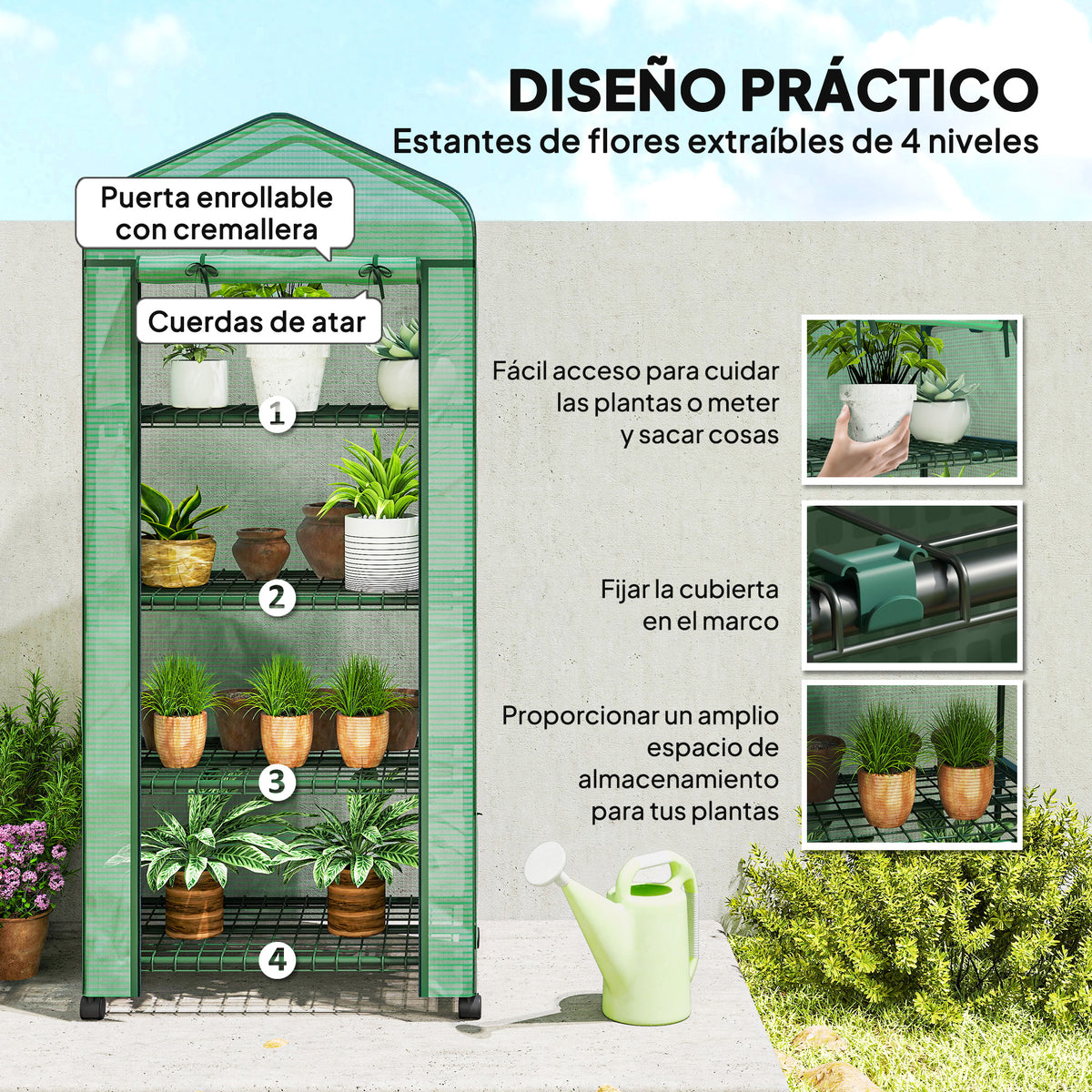 Outsunny Invernadero De Exterior Con 4 Estantes Ruedas Y Cubierta De Pe Verde_5