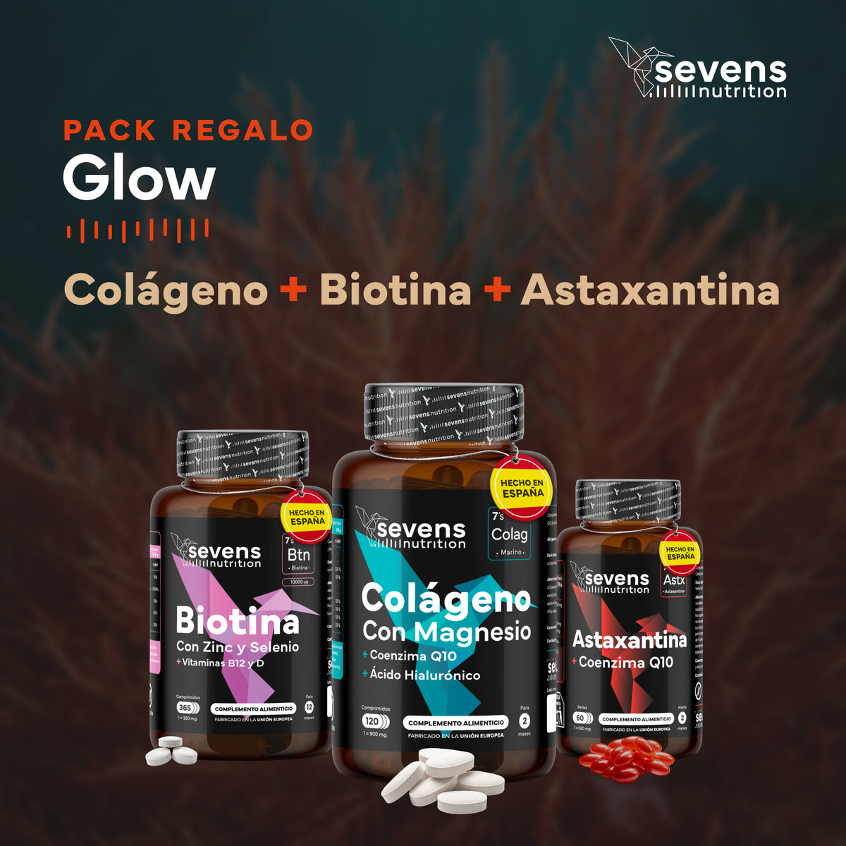 Pack Glow Para Regalo: Astaxantina, Biotina Y Colágeno Marino Puro. Sevens Nutrition. Antioxidante, Pelo, Uñas Y Piel_1