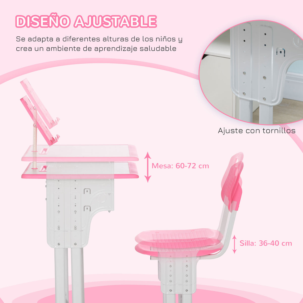 Secretária E Cadeira Para Crianças Homcom Rosa Pp, Mdf E Aço 60x45x90-120cm_5