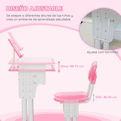 Secretária E Cadeira Para Crianças Homcom Rosa Pp, Mdf E Aço 60x45x90-120cm_5