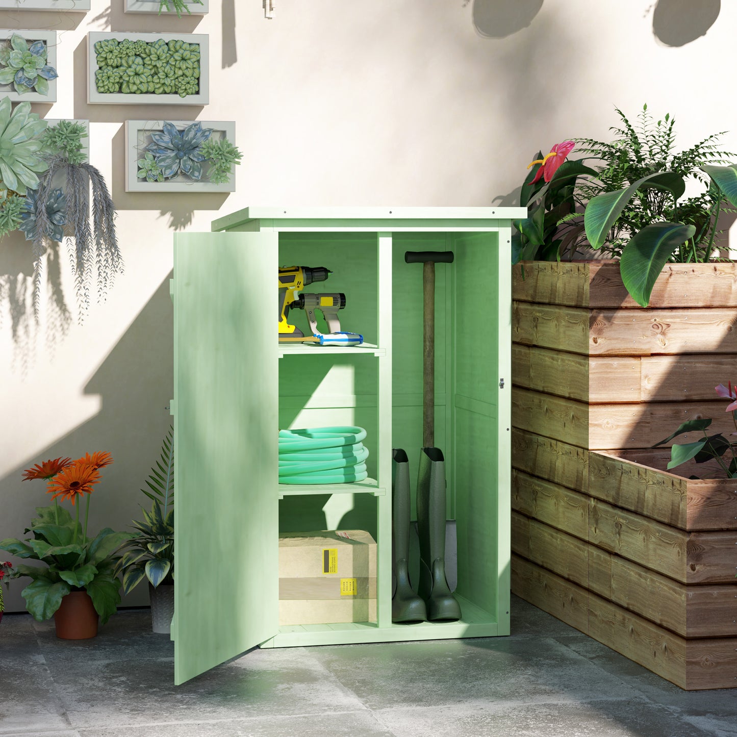 Outsunny Caseta De Jardín De Madera 75x56x115 Cm Con 3 Estantes Puerta Pestillo_1