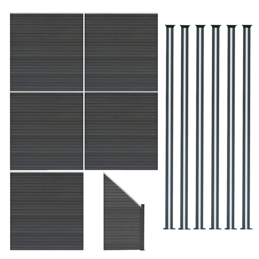 Vallas Para Exteriores De Wpc Y Aluminio - 5x Paneles Cuadrados + 1x Oblicuo + 6x Postes Con Led | Gris_0