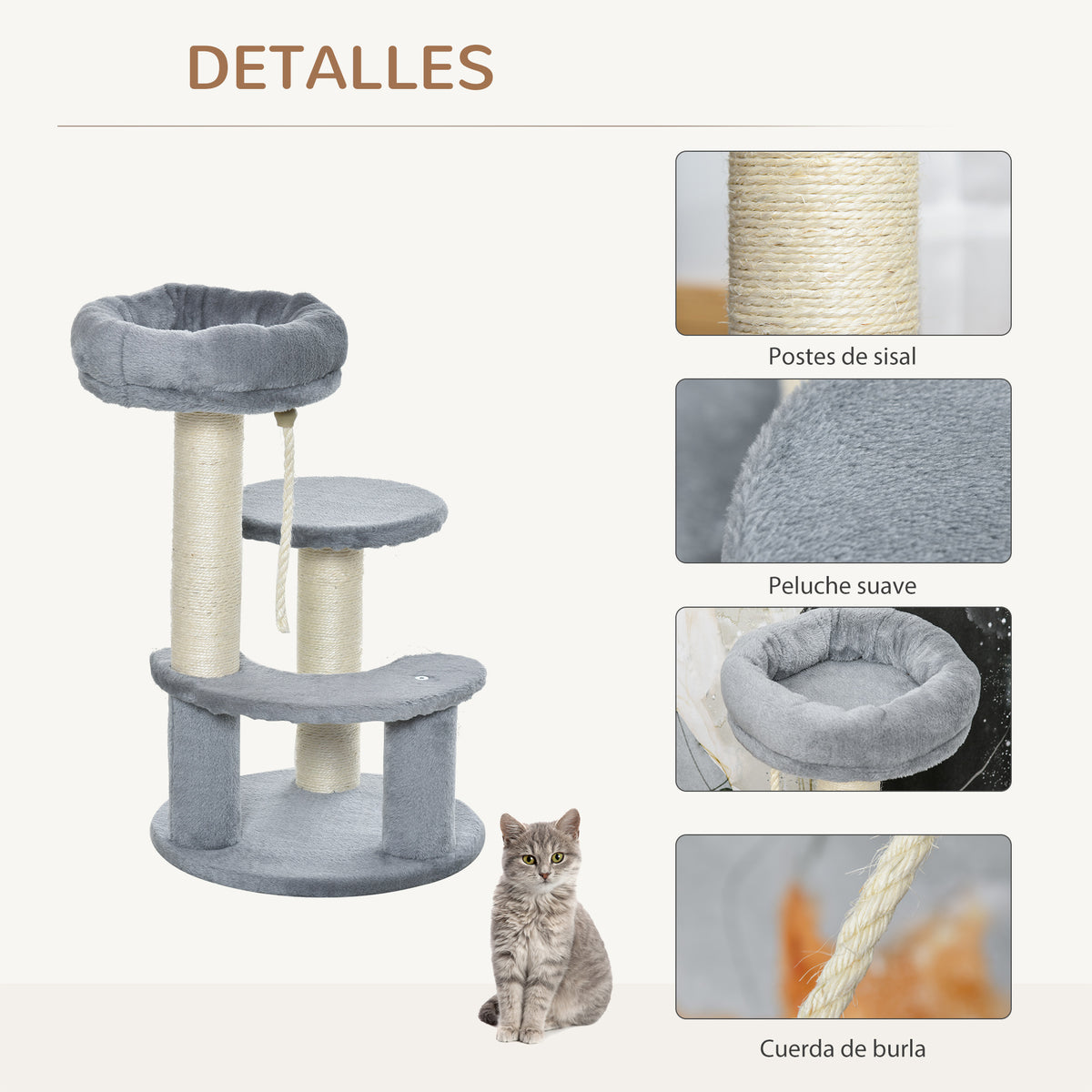 Pawhut Árbol Rascador Para Gatos Con Cama De Felpa Y Postes De Cuerda De Sisal_4