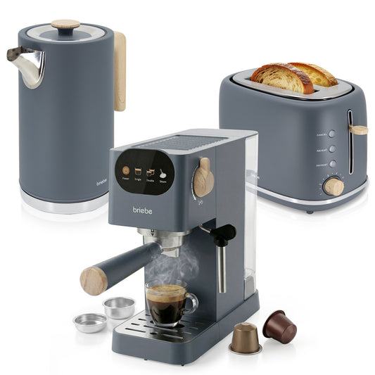Briebe Nordic Set Cafetera Espresso 20 Bares, Tostadora Pan 2 Rebanadas, Hervidor Eléctrico Agua 1,7l, Skt1209gry, Gris_0
