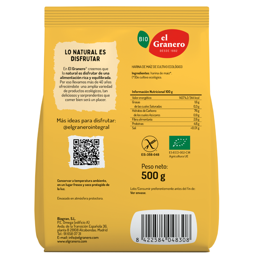 Harina de Maiz Bio Sin gluten El Granero 500 g