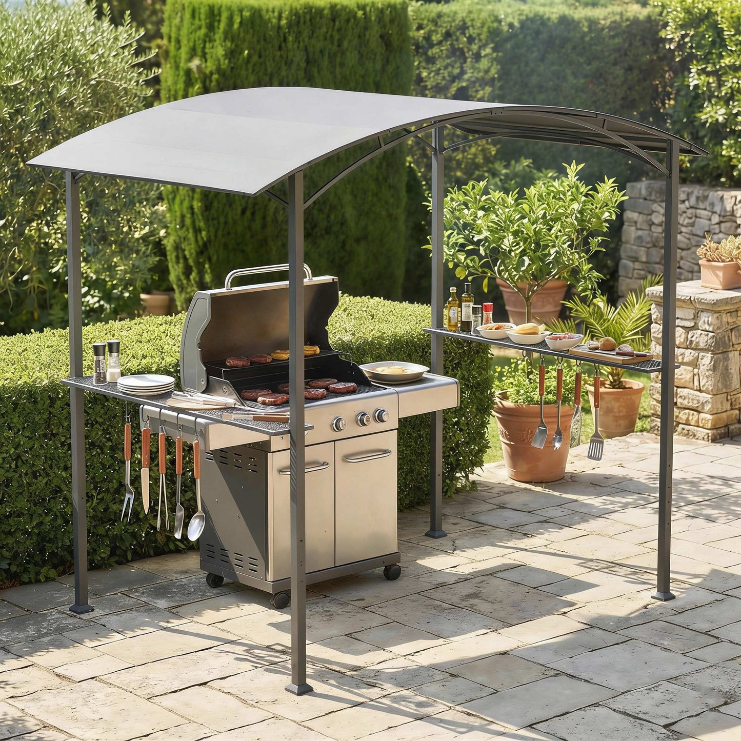 Outsunny Carpa Barbacoa 2,4 X 1,5 M Con 2 Estantes Ganchos Y Estructura De Acero_1
