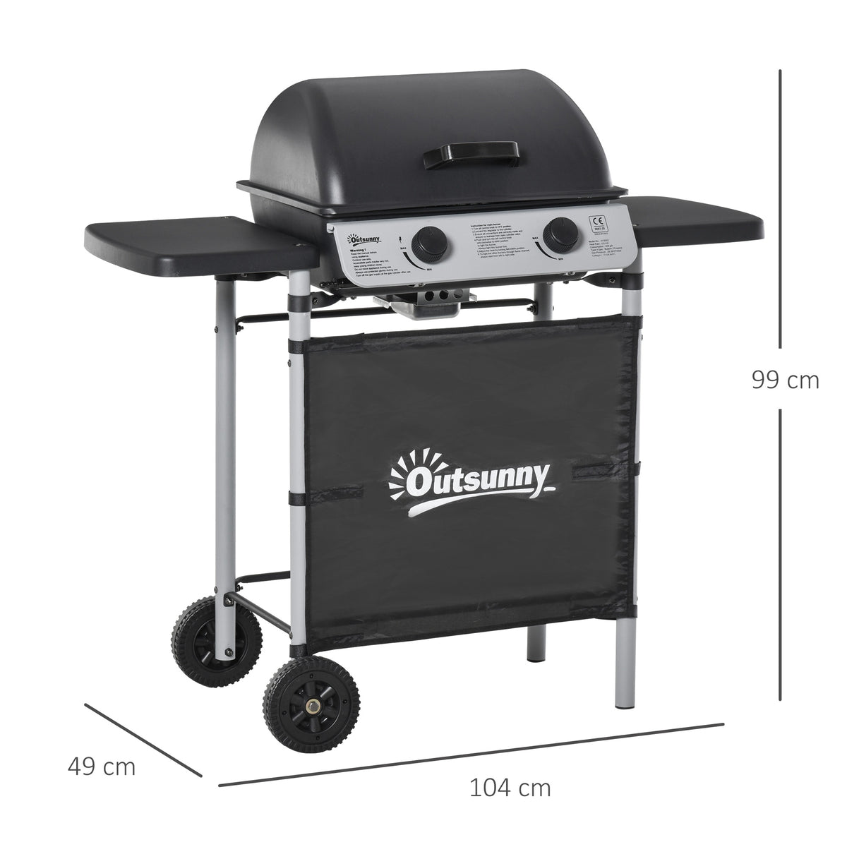 Outsunny Barbacoa De Gas Con 2 Quemadores 5,6 Kw 2 Ruedas 2 Mesas Negro_2