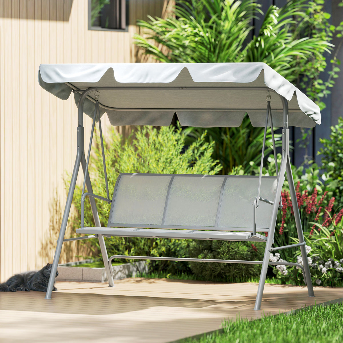 Outsunny Columpio Balancín Jardín De 3 Plazas Con Toldo Ajustable Terraza Gris_3