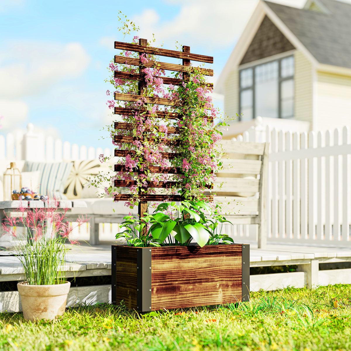 Outsunny Jardinera Con Ruedas Y Celosía 65x31x147 Cm Carbonizado_1