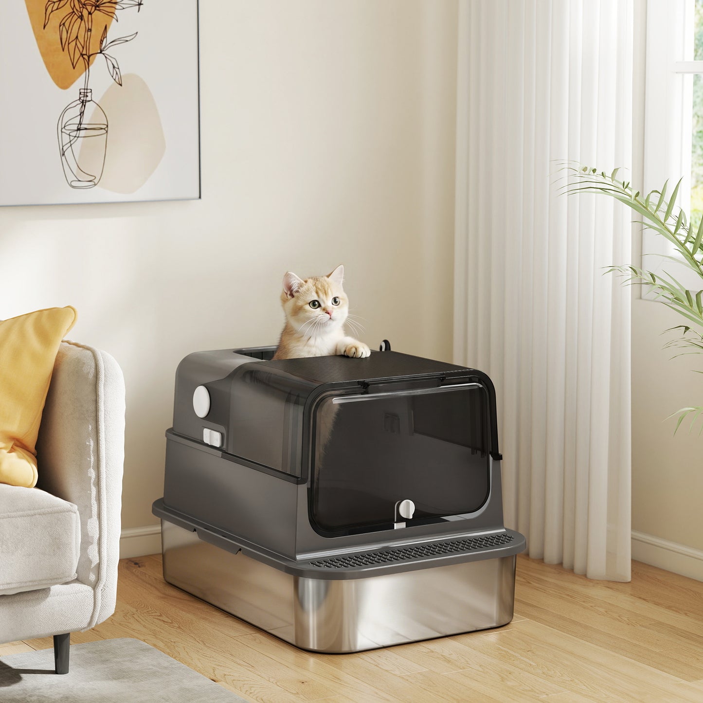 Pawhut Arenero Para Gatos De Acero Inoxidable Xxl Tapa Abatible Negro_3