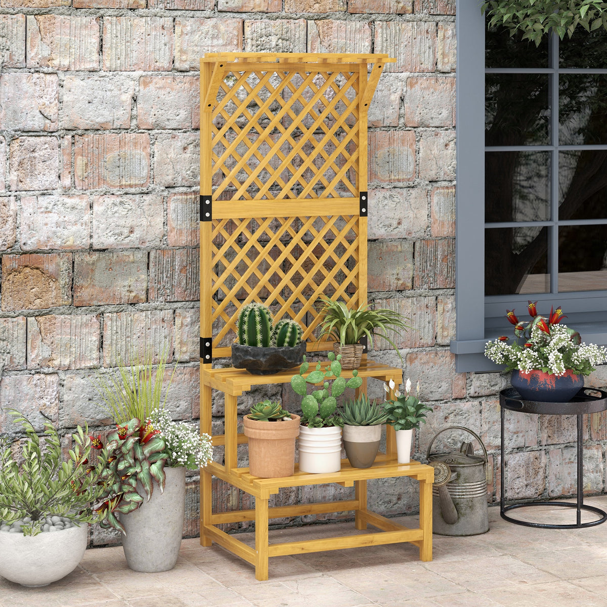 Outsunny Soporte Para Plantas De Madera De 2 Niveles Con Enrejado Natural_5