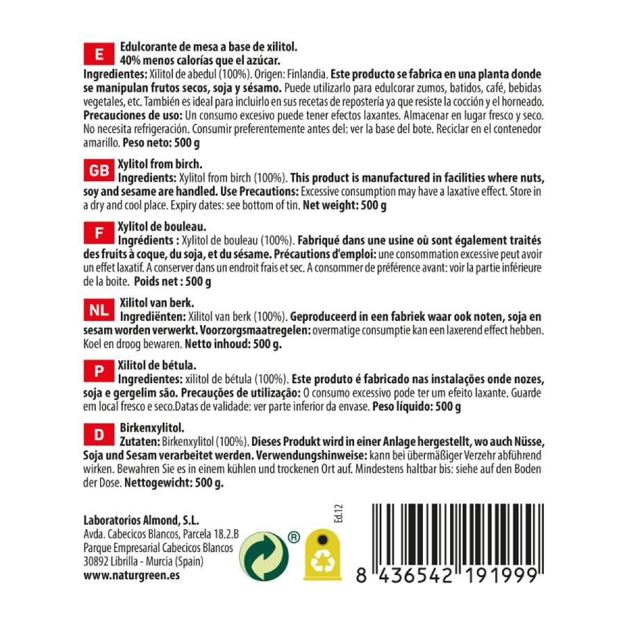Pack 2 uds Xilitol Azúcar de Abedul Naturgreen 2 uds de 500 g
