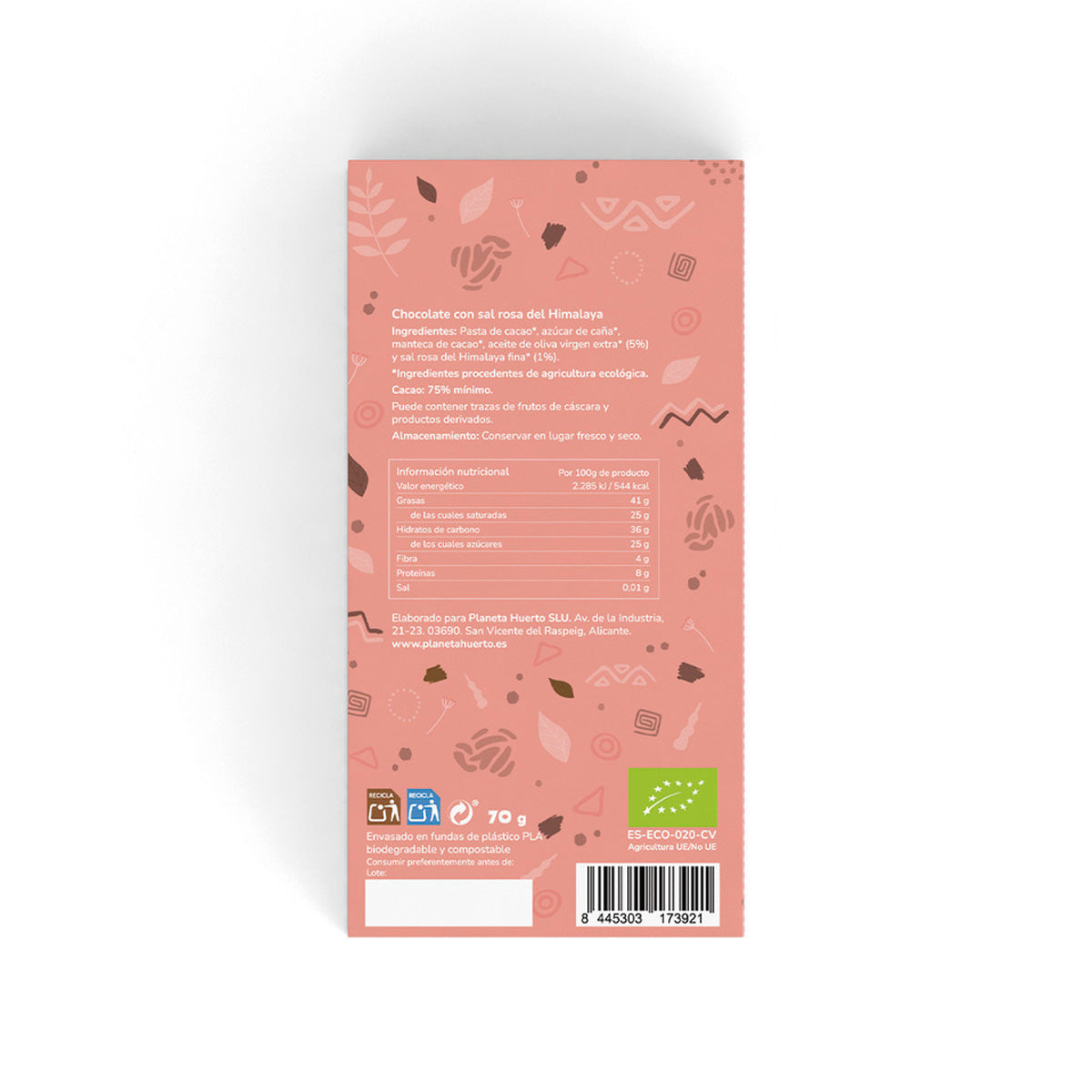 Tableta chocolate 75% con sal rosa del Himalaya ECO Planeta Huerto 70 g
