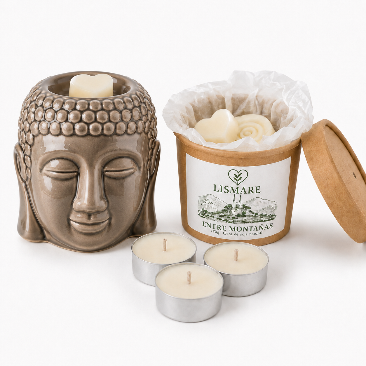 Pack Aromático Natural - Quemador Buda + Wax Melts "entre Montañas" + 6 Velas De Té - Lismare_0