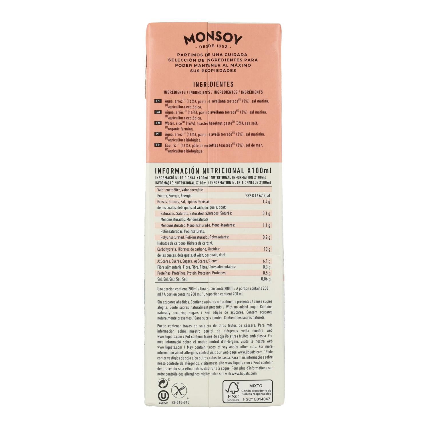 Bebida Arroz y Avellanas BIO Monsoy 1 L