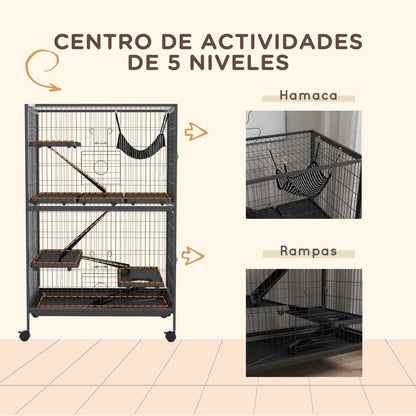 Pawhut Jaula Para Animales Pequeños De 4 Niveles Con Ruedas 80x52x128 Cm Gris_5