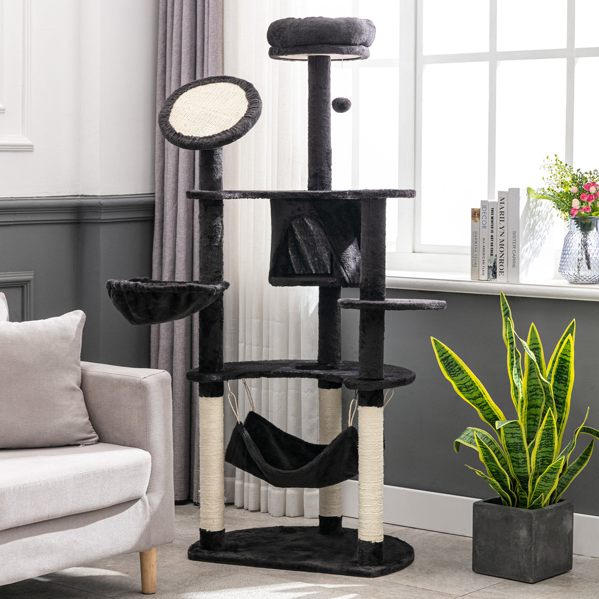 Pawhut Rascador Para Gatos 153 Cm Con Cueva Plataformas Postes De Sisal Y Bola_1