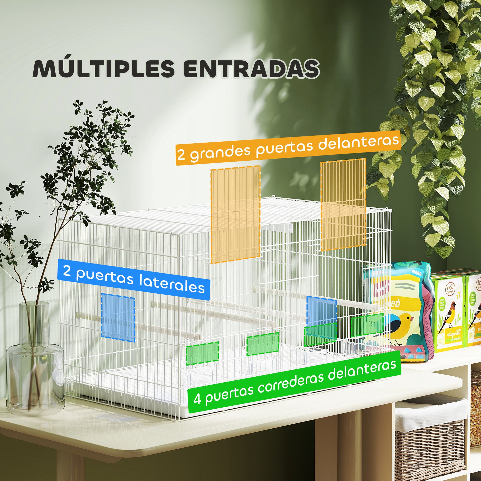 Pawhut Jaula Para Pájaros Con Divisor 4 Comederos 4 Perchas 76x46x46 Cm Blanco_5