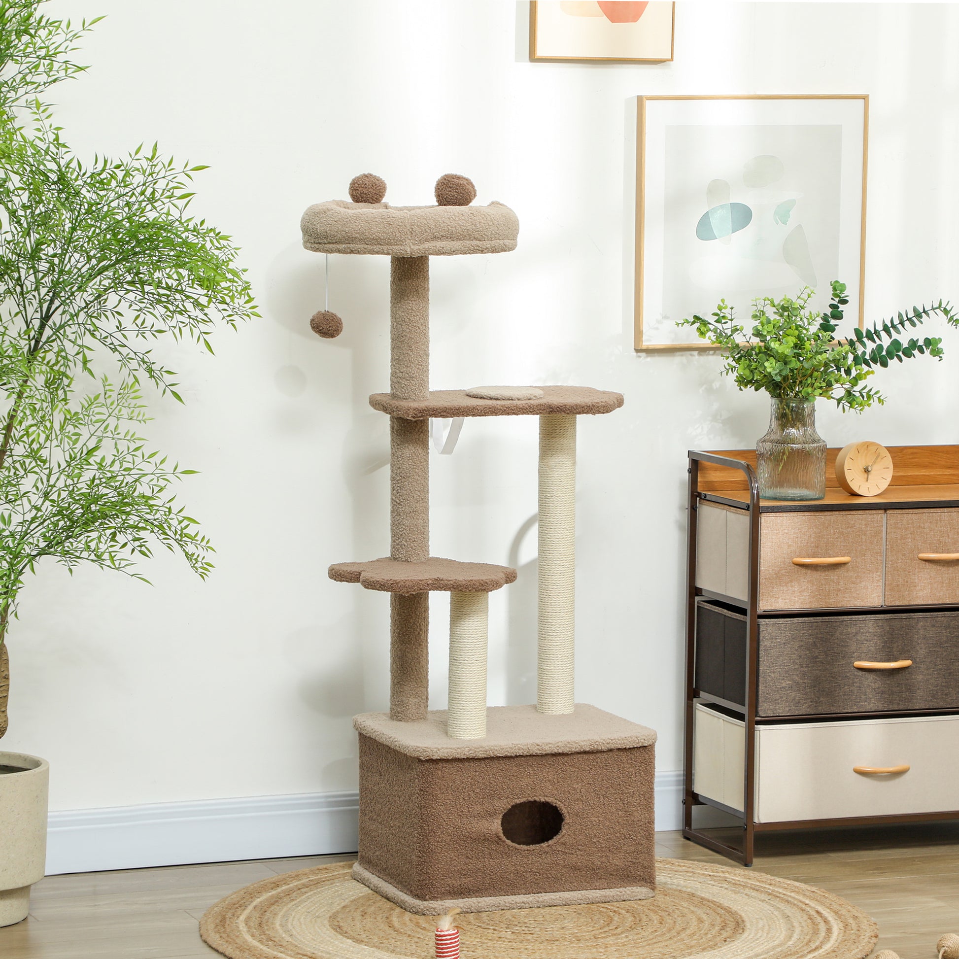 Pawhut Árbol Rascador Para Gatos Altura 133 Cm Con Nido Plataformas Café_1
