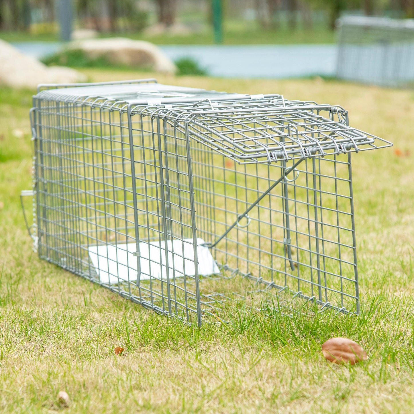 Outsunny Trampa Para Animales Vivos Plegable 81x26x34,5cm Con Puerta Y Asa Plata_1