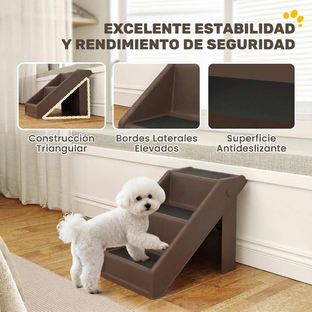 Pawhut Escalera Para Mascotas Plegable De 3 Peldaños 53x30,5x36,5 Cm Marrón_3