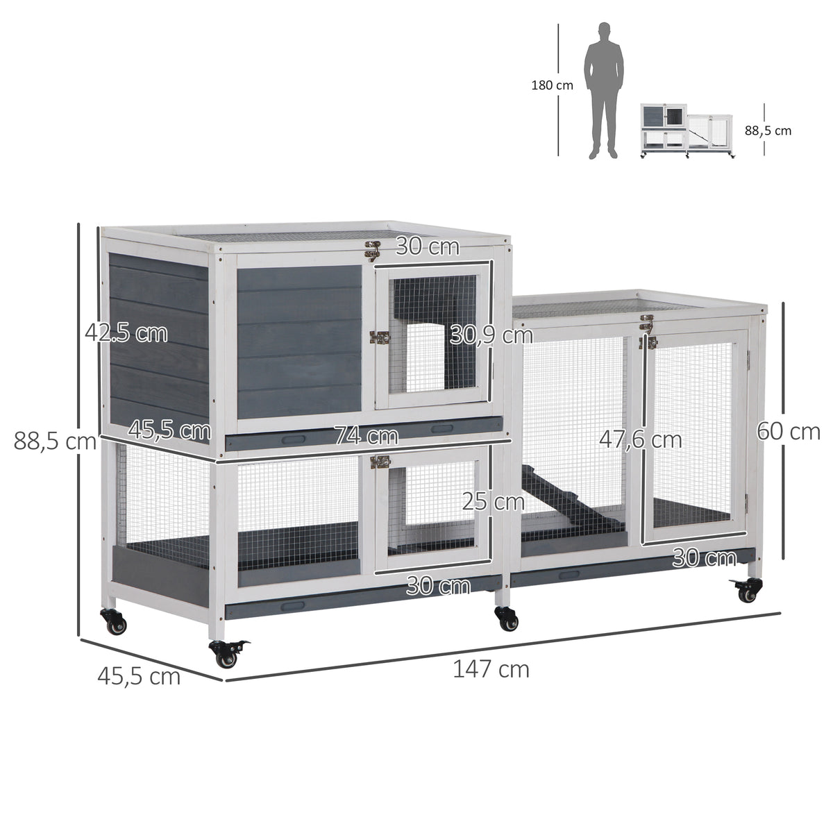 Conejera De Madera Con Ruedas De 2 Niveles Pawhut 147x45,5x88,5cm Gris_2