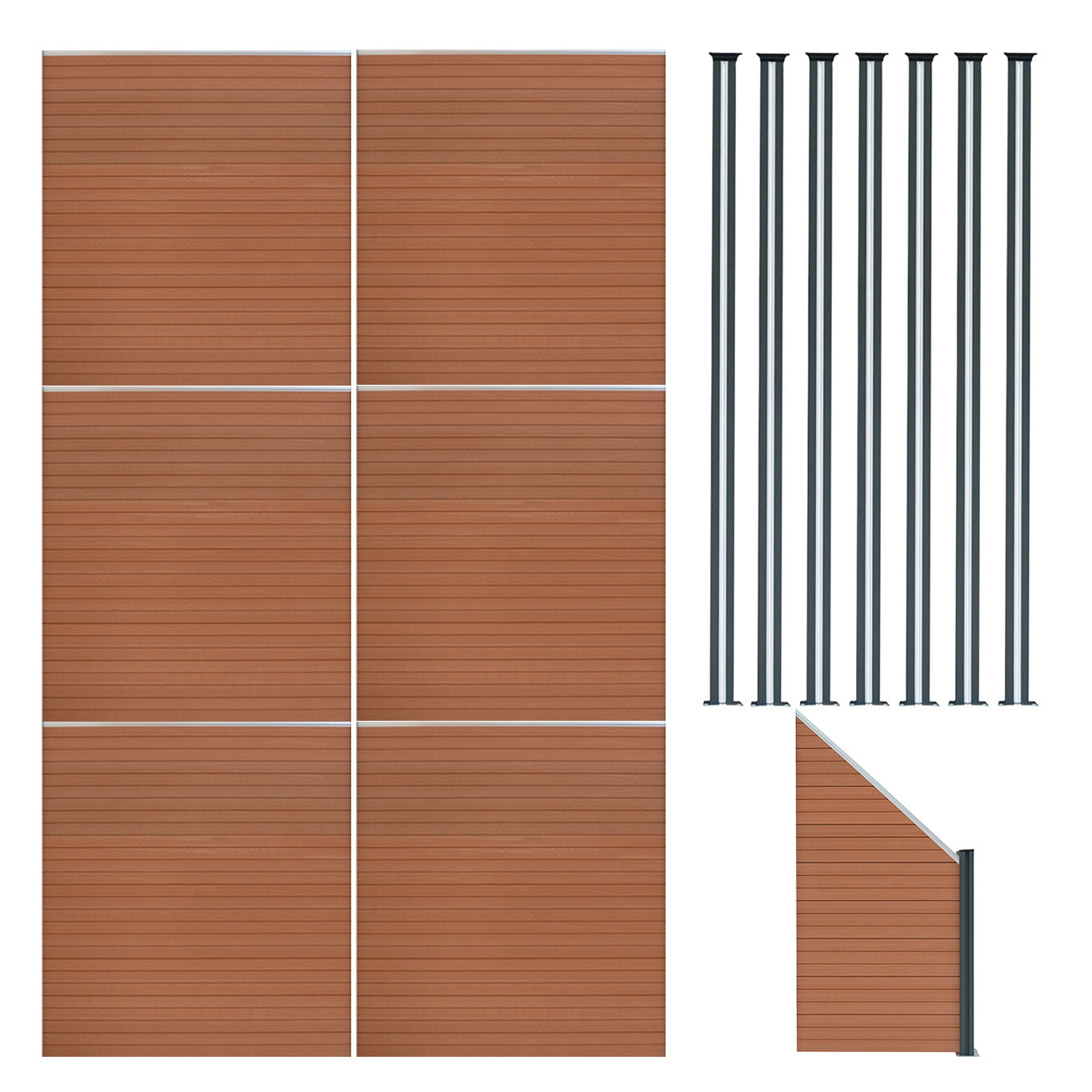 Vallas Para Exteriores De Wpc Y Aluminio - 6x Paneles Cuadrados + 1x Oblicuo + 7x Postes Con Led | Marrón_0