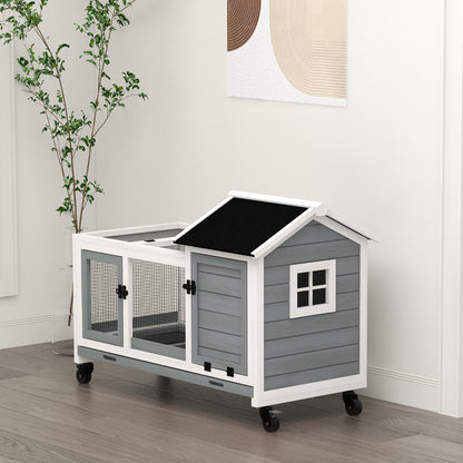 Pawhut Conejera De Madera Con Ruedas Techo Abatible 108x58x73,5 Cm Gris_1
