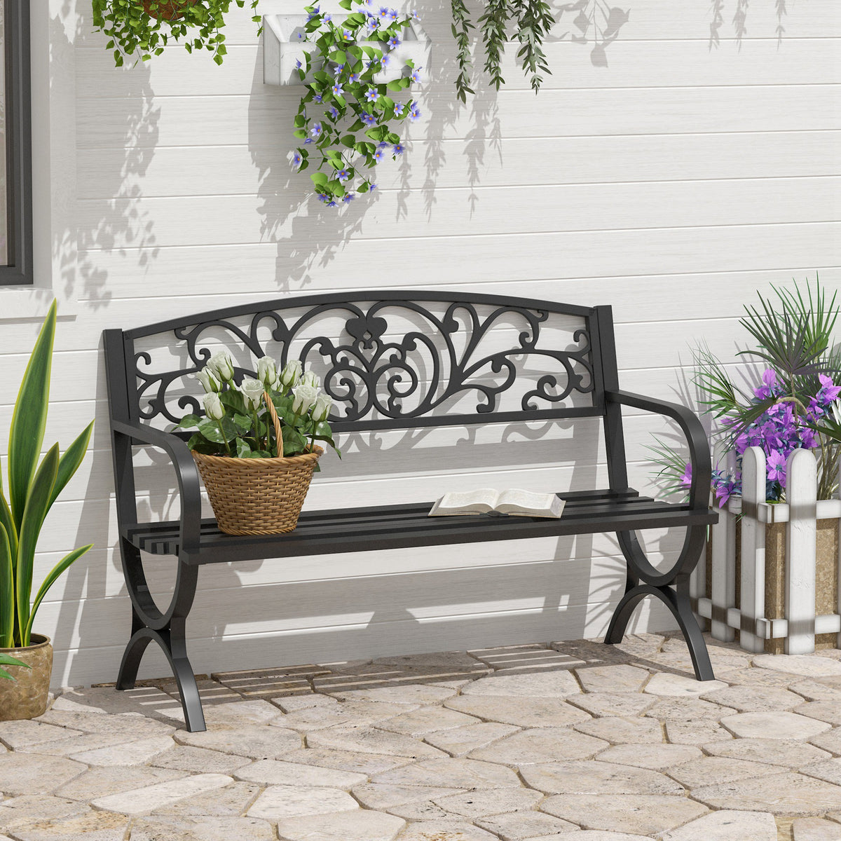 Outsunny Banco De Jardín De 2 Plazas De Terraza Con Patrón Floral Hierro Negro_1