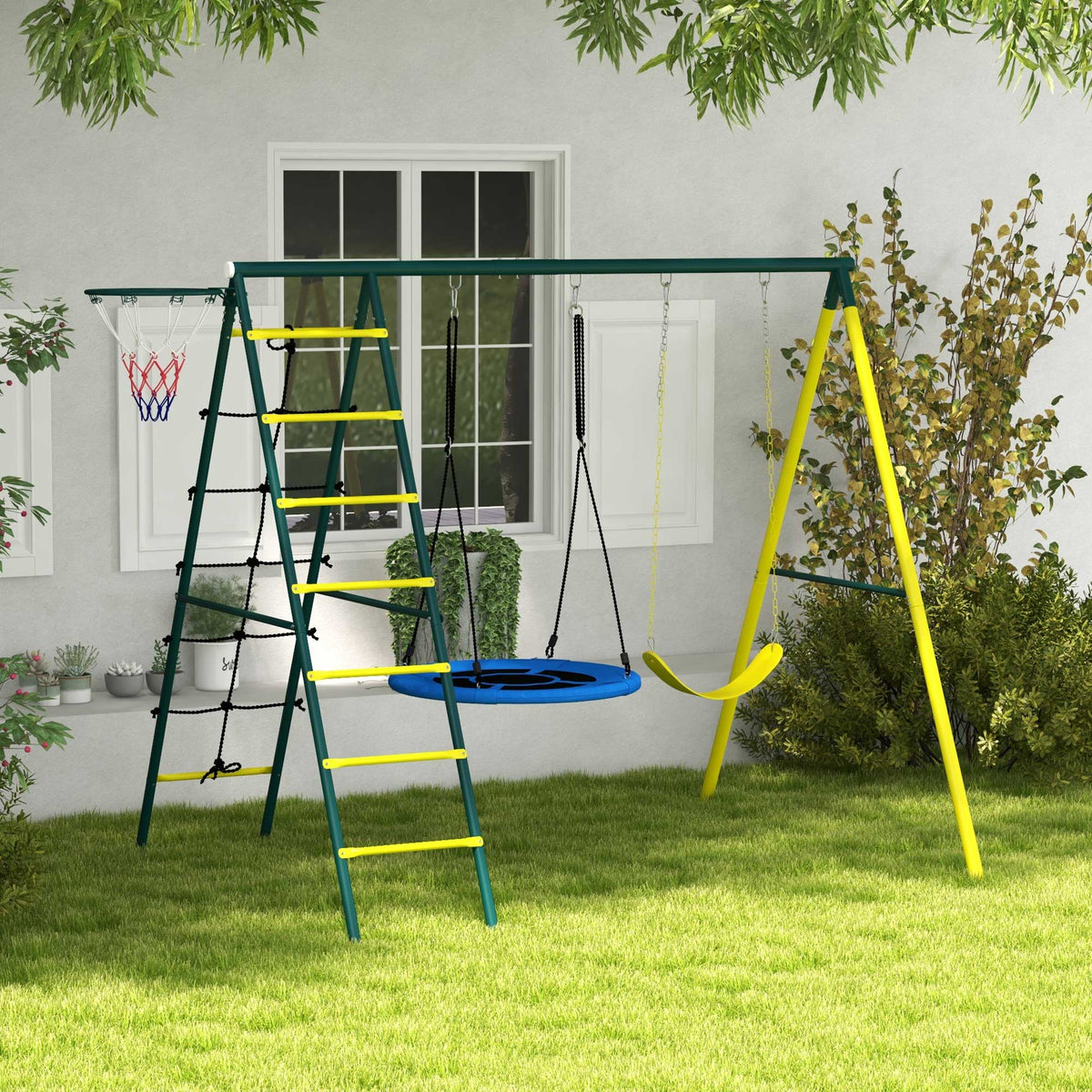 Columpio Infantil Outsunny Acero, Pe Amarillo 267x180x202 Cm_1