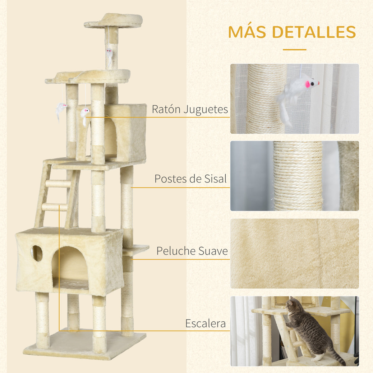 Pawhut Rascador Árbol Para Gatos Grande 60x50x181cm Con Poste Escaleras Cuevas_5