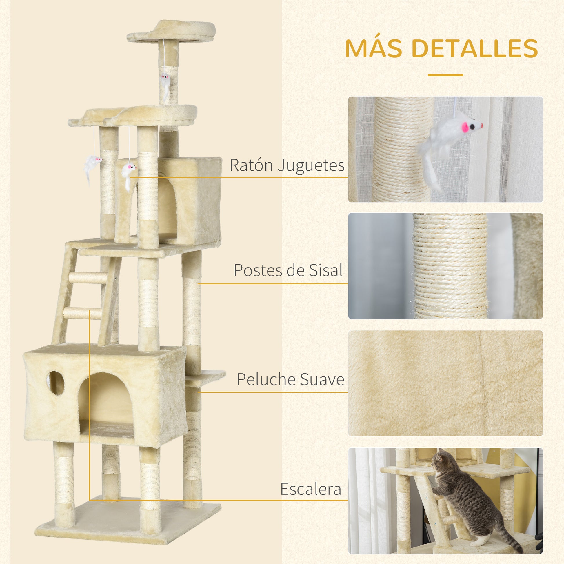 Pawhut Rascador Árbol Para Gatos Grande 60x50x181cm Con Poste Escaleras Cuevas_5