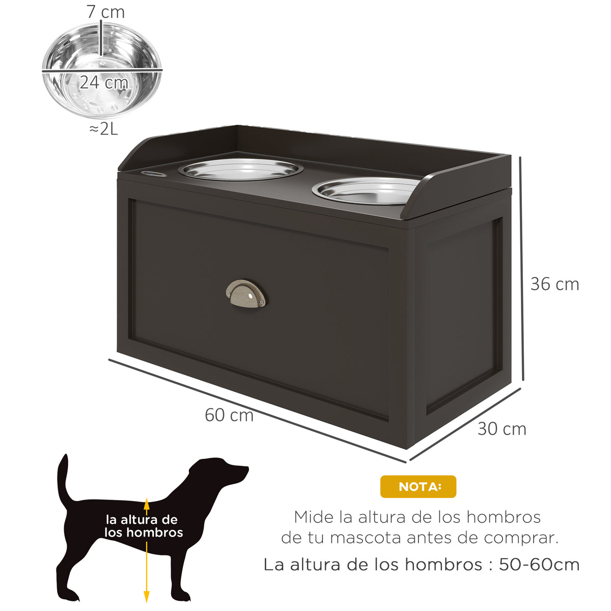 Pawhut Comedero Elevado Para Perros Grandes Con 2 Tazones 60x30x36 Cm Marrón_2